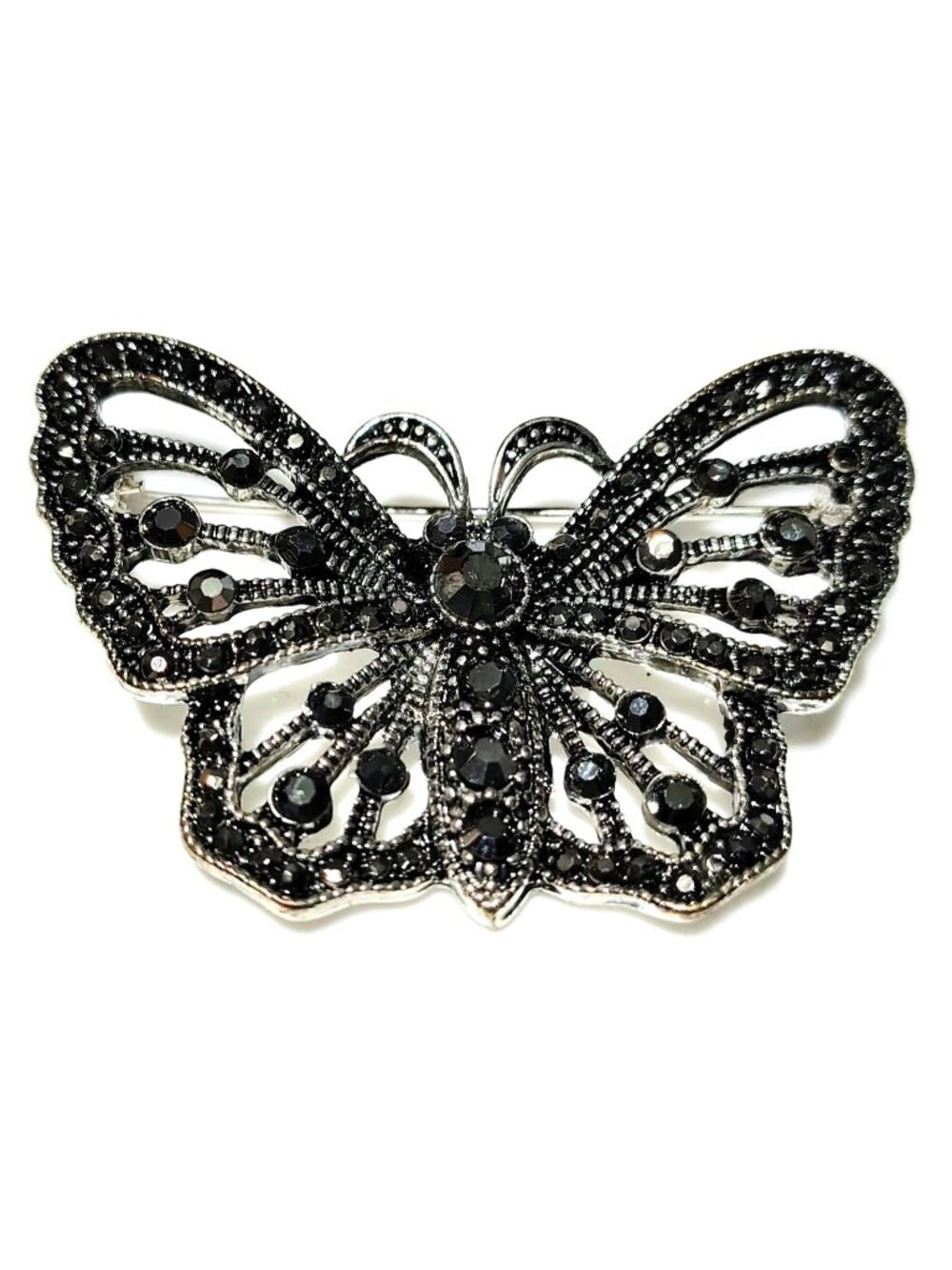 Vtg Black Rhinestone Marcasite Butterfly Brooch Openwork  Antique Style Goth